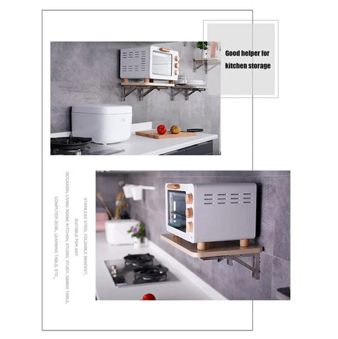 Rock Solid Stainless Steel Folding Shelf Brackets, Pair Of Heavy Duty Wall Mount Supports with microwave and shelf in kitchen.