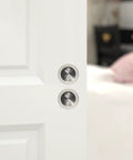 Recessed Pocket Door Pull Handles 2 3 4 Inch Round Finger Flush Pulls Brushed 304 Stainless Steel Barn Door Hardware installed on white door