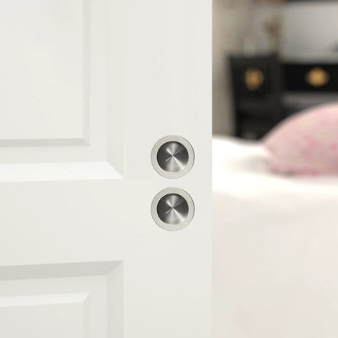 Recessed Pocket Door Pull Handles 2 3 4 Inch Round Finger Flush Pulls Brushed 304 Stainless Steel Barn Door Hardware installed on white door