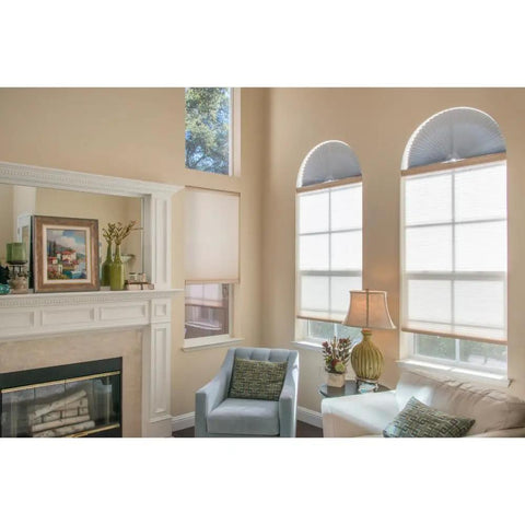 Living room with Tool Free Install Arch Light Filtering Pleated Shade White 72 Inch Wide 36 Inch High No Tools Needed Easy Peel And Stick Privacy Light Control UV Protection For Floors And Furnishings installed on arch windows.