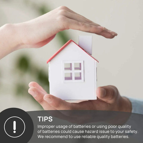 Hands forming a roof over a small model house symbolizing protection and safety guidelines for battery use.