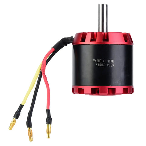 Beefy 2300W Brushless Sensorless Motor 6364 Size 200KV for electric scooters and skateboards, angled view, 24-36V ready with wires and shaft.