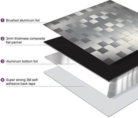 Peel And Stick Metal Backsplash Tiles Self Adhesive Aluminum Mosaic 3D Wall Sticker showing layers of brushed aluminum foil and adhesive