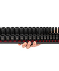 Person holding Three Eighths Inch Drive 6 Point Impact Socket Set With Rails 38 Piece Includes Shallow And Deep Sockets From 6 To 24 mm