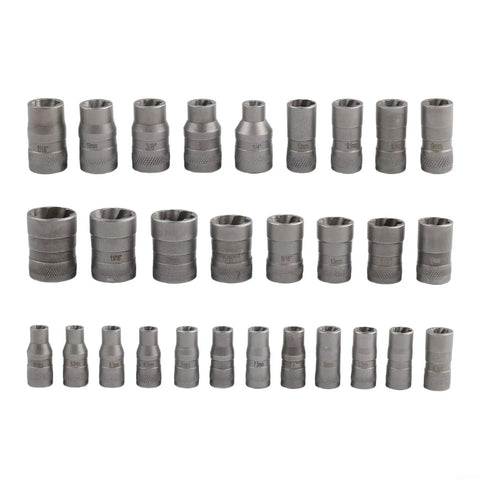 Premium 32 Pc Bolt Extractor Socket And Nut Remover Kit With 1/4 In And 3/8 In Adapters For Crushing Rusted Bolts And Lug Nuts Like A Pro In Workshop Or Home Repairs With Precision Metal Sockets, assorted sizes
