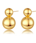 Gold Double Ball Drop Earrings For Women Round Ball Bead Dangle Studs Trendy Jewelry Must Have Hypoallergenic Lightweight Everyday Wear Gift Idea Classic Yet Modern Gold Tone Accessories, front view