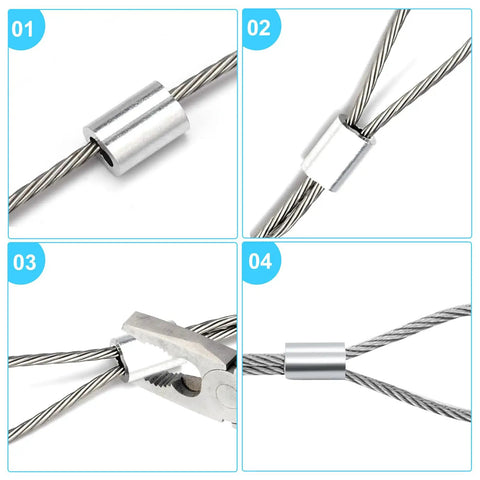 Heavy-Duty Aluminum Cable Crimp Sleeves Set Of 200 One Sixteenth Inch Loop Ferrules For Wire Rope Outdoor Indoor Use Built Tough For Fishing And Dog Leashes, shown crimping wire rope