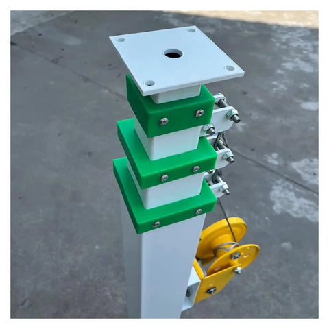 Rock Solid Adjustable Height Lifting Mast With Hand Cranked Telescopic Pole And Manual Mechanical Winch close-up view of pole with green and white components.