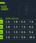 SLICK KIT disposable nitrile glove size chart with width ranges for S, M, L, XL.