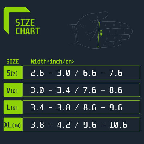 SLICK KIT disposable nitrile glove size chart with width ranges for S, M, L, XL.
