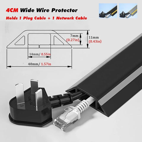 Heavy Duty Wire Protector Tubing With Non Slip Surface Stick-On Cable Covers for Floor and Wall, dimensions shown, cables inside