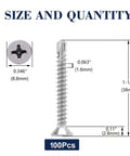 Diagram showing Number Ten By One And A Half Inch Sheet Metal Screws, 100 Pieces, 410 Stainless Steel Flat Head Self Tapping Tek Screws dimensions.