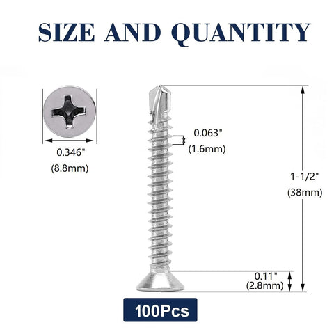 Diagram showing Number Ten By One And A Half Inch Sheet Metal Screws, 100 Pieces, 410 Stainless Steel Flat Head Self Tapping Tek Screws dimensions.