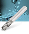 End mill, 4-flute high-speed steel, 10 mm diameter, 75 mm length; close-up of cutting teeth.