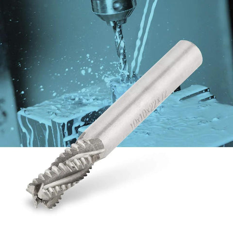 End mill, 4-flute high-speed steel, 10 mm diameter, 75 mm length; close-up of cutting teeth.