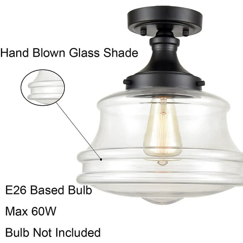 Industrial Black Semi Flush Mount Ceiling Light with Clear Glass Fixture 11 Inch Schoolhouse Style showing hand-blown glass shade.