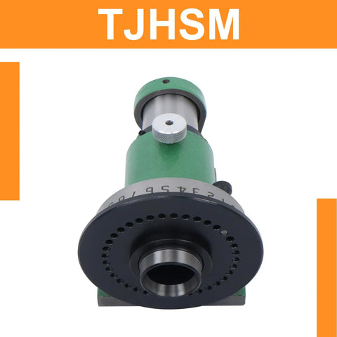 Precision Spin Indexing Fixture With 5C Collet Lathe Mount, green jig with black indexing plate and locking handle.