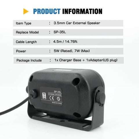 Ultra Loud Mini Car External Speaker For CB Ham And Scanners Portable 3.5mm Speaker SP-35L back view with product information