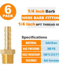 Image showing Six-Pack 1/4 Inch Brass Hose Barb Fittings with 1/4 Inch NPT Thread, material specifications, and features.