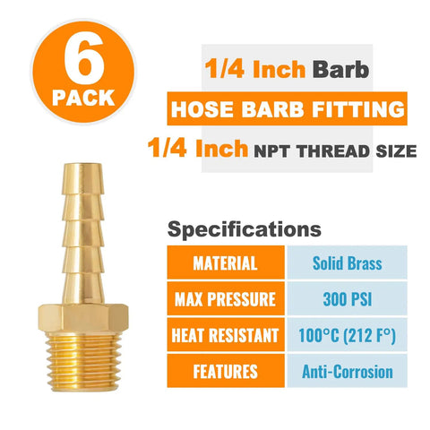 Image showing Six-Pack 1/4 Inch Brass Hose Barb Fittings with 1/4 Inch NPT Thread, material specifications, and features.
