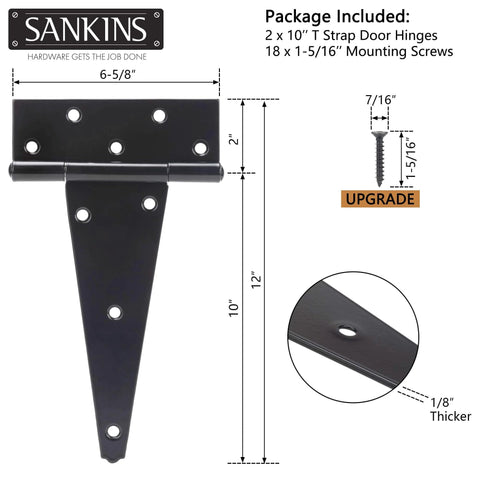 10 Inch T Strap Heavy Duty Door Hinges Black Tee Hinge For Wood Fences Gardens Barn Doors And Gates Rustproof 1/8 Inch Steel