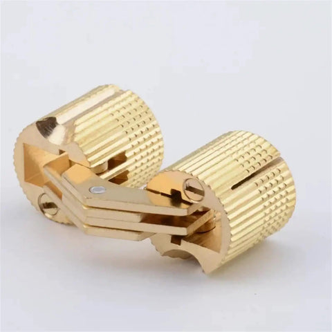 Copper Barrel Hidden Cabinet Hinge Set for Furniture, Cylindrical Concealed Brass Hinge on white background