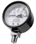 Front view of pressure dial gauge for canners; black housing with threaded metal connector