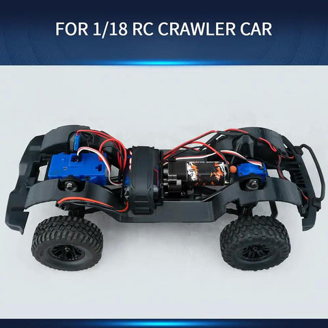 1/18 scale RC crawler showcasing Heavy Duty Aluminum Transmission Housing Gearbox Case for TRX4M black durable gearbox shell