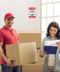 Leave Your Packages Here Heavy Duty Aluminum Front Porch Drop Off Sign 12X8 Inches in use with delivery man and recipient.