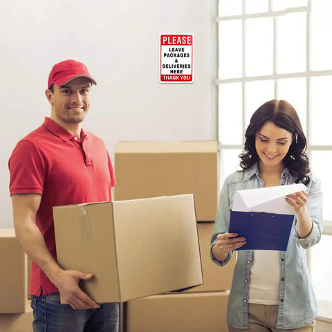 Leave Your Packages Here Heavy Duty Aluminum Front Porch Drop Off Sign 12X8 Inches in use with delivery man and recipient.
