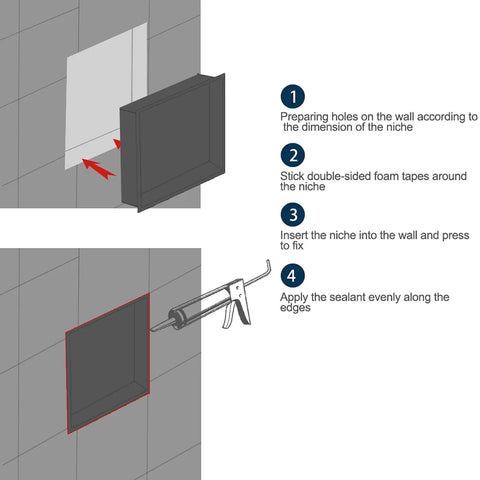 Step-by-step installation of Stainless Steel Shower Niche 12x12 In Recessed Shelf Brushed Nickel Finish Waterproof Wall Storage Niche