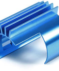 TT-02 Aluminum Motor Heatsink In Blue Anodized Finish, beefy cooling part for RC cars, shown at an angled view