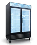 Heavy Duty Commercial Reach In Display Freezer With Two Swing Tempered Glass Doors Black 44 Point 7 Cubic Feet And Digital Controller view with clear shelves and lights.