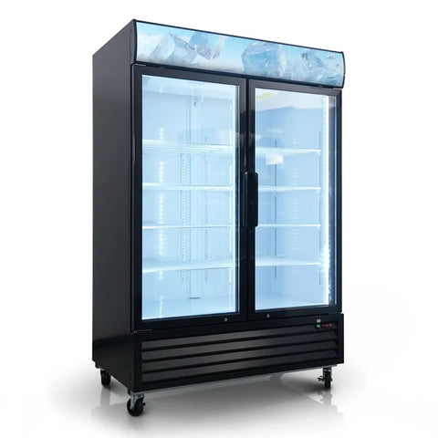 Heavy Duty Commercial Reach In Display Freezer With Two Swing Tempered Glass Doors Black 44 Point 7 Cubic Feet And Digital Controller view with clear shelves and lights.
