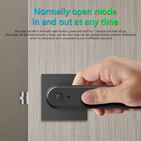 Smart App Synced Lever Handle Lock With Fingerprint Swipe And Custom Password Backup For Porch Security Wireless Entry Gear loaded. Close-up showing hand engaging normally open mode.