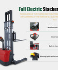 Tory Carrier Full Electric Pallet Stacker, 3300 Lb Capacity, 118 Inch Height, features smart handle and built-in charger.