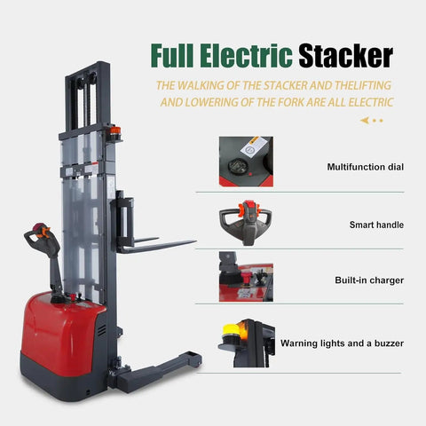 Tory Carrier Full Electric Pallet Stacker, 3300 Lb Capacity, 118 Inch Height, features smart handle and built-in charger.