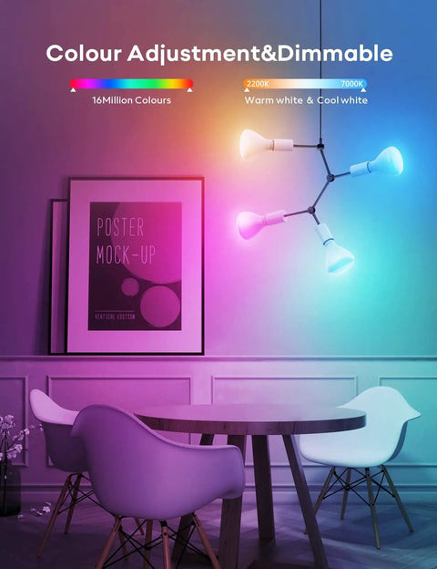 Smart RGBW BR30 Flood WiFi LED Bulb for smart home setup dimmable color changing lighting displayed in a modern room