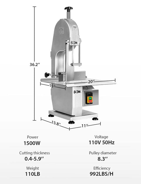 Top Tier Heavy Duty Electric Meat Band Saw Machine Tears Through Hard Bones And Frozen Meat With No Sweat Cutting Action Featuring 1800W Copper Motor Stainless Steel Body Quick Clean Design Comes With Six Backup Blades 1500W model with 20x15 inch stainless steel work surface.