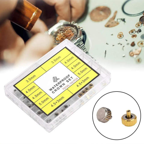 Watch Crown Parts Kit Waterproof Assorted Sizes 3.5mm 4.0mm 4.5mm 5.0mm 7.5mm DIY Friendly Repair Kit for Quartz Watches shown with tools