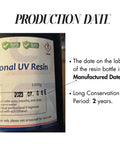 Manufactured date label on gray Fast ABS Like 3D Printer Resin bottle showing 2023.07.06, with notes on 2-year conservation period.