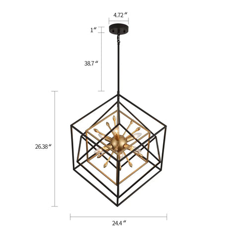 Dimensional view of Six Light Geometric Farmhouse Chandelier With Adjustable Height, in black and vintage copper finish.