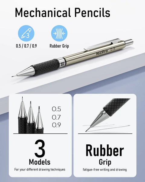Do It All Six Piece Art Mechanical Pencil Set with rubber grip, 0.5mm, 0.7mm, 0.9mm pencils for writing, sketching and drawing