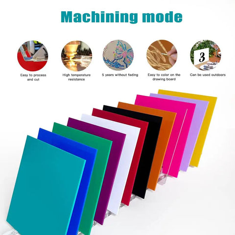 Colorful Acrylic Sheet Set 12 Pack 12 By 12 Inches 3mm Thick For Laser Cutting Engraving Signs Home Decor Crafty Projects With Double Sided Protective Film And Bonus Double Sided Protective Sheets Included, arranged in upright stack, multiple colors visible.