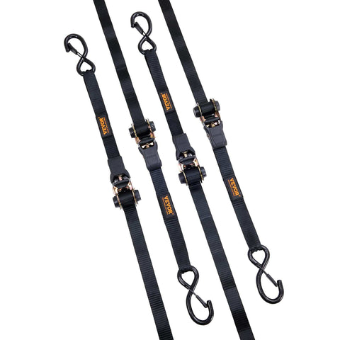 Heavy Duty Ratchet Tie Down Straps 1 Inch By 15 Feet 4 Pack With Padded Handles Coated S Hooks Soft Loop 2,200 Pound Break Strength For Moving Appliances Motorcycle ATV Truck displayed on white background.