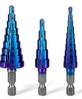 Built Tough 3 Piece Titanium Coated HSS Step Drill Bit Set showing three blue precision bits for sheet metal drilling.