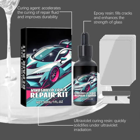 All In One Windshield Crack Repair Kit for Chips and Cracks, Quick Fix Glass Repair Liquid bottle and packaging displayed.