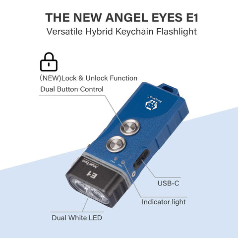 Blue hybrid keychain flashlight with dual white LEDs, USB-C port, and indicator light, featuring lock function and dual button control.