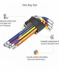 Top Notch 9 Piece Hex Key Set Crafted From Super Durable Chrome Vanadium Steel Perfect For Fast Assembly Of Knock Down Furniture And Quick Bike Repairs Around the Block. Color-coded 9-piece chrome vanadium steel hex key set with holder