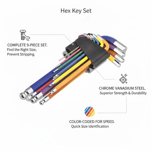 Top Notch 9 Piece Hex Key Set Crafted From Super Durable Chrome Vanadium Steel Perfect For Fast Assembly Of Knock Down Furniture And Quick Bike Repairs Around the Block. Color-coded 9-piece chrome vanadium steel hex key set with holder